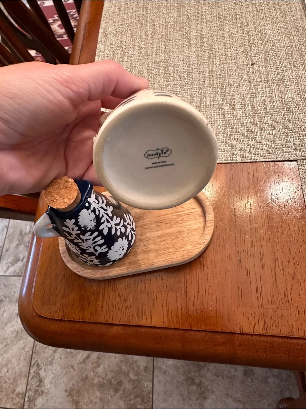 Mud Pie Blue and White Ceramic Salt and Pepper Shakers on Wood Tray